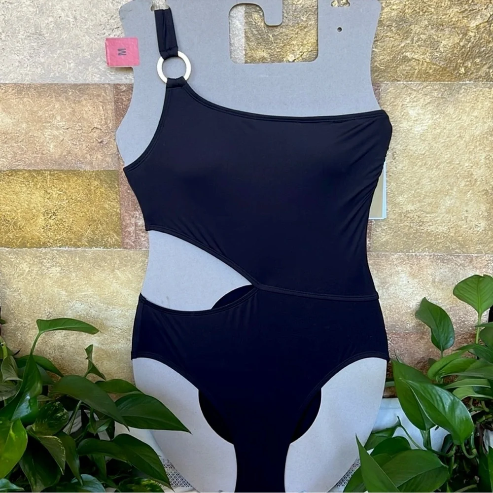 NEW Michael Kors One Shoulder O-Ring Black Cut-Out One Piece Swimsuit, Size 8